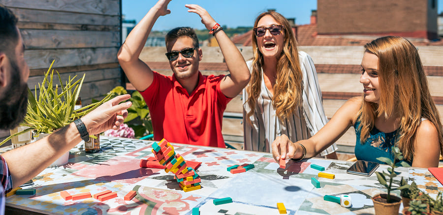 Summer office party with outdoor and vacation themes